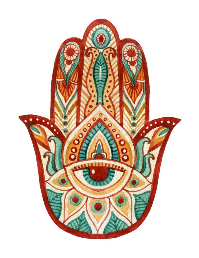 Рука Hamsa в акварели Талисман защитных и удачи в индейце, арабских еврейских культурах Рука Hamesh в ярких цветах иллюстрация штока Рука Hamsa в акварели Талисман защитных и удачи в индейце, арабских еврейских культурах Рука Hamesh в ярких цветах иллюстрация штока