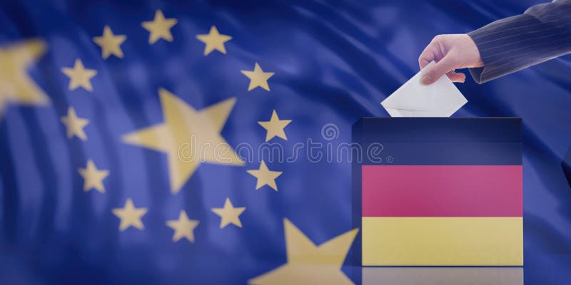 Рука вводя конверт в урну для избирательных бюллетеней флага Германии на предпосылке флага Европейского союза иллюстрация 3d стоковая фотография rf Рука вводя конверт в урну для избирательных бюллетеней флага Германии на предпосылке флага Европейского союза иллюстрация 3d стоковая фотография rf