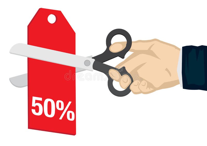 Рука держа a scissor, режущ 50% с ценника Концепция продажи, скидки; продвижение или торговая сделка : иллюстрация вектора Рука держа a scissor, режущ 50% с ценника Концепция продажи, скидки; продвижение или торговая сделка : иллюстрация вектора