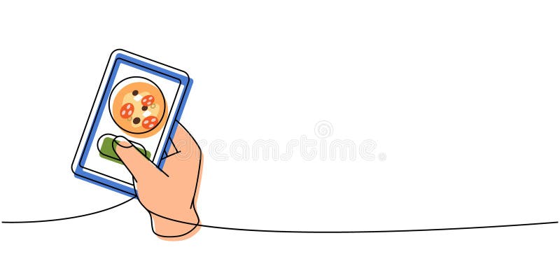 рука держа телефон с пиццей приложение одна линия цветной непрерывный чертеж. традиционный итальянский фастфуд бесплатная иллюстрация