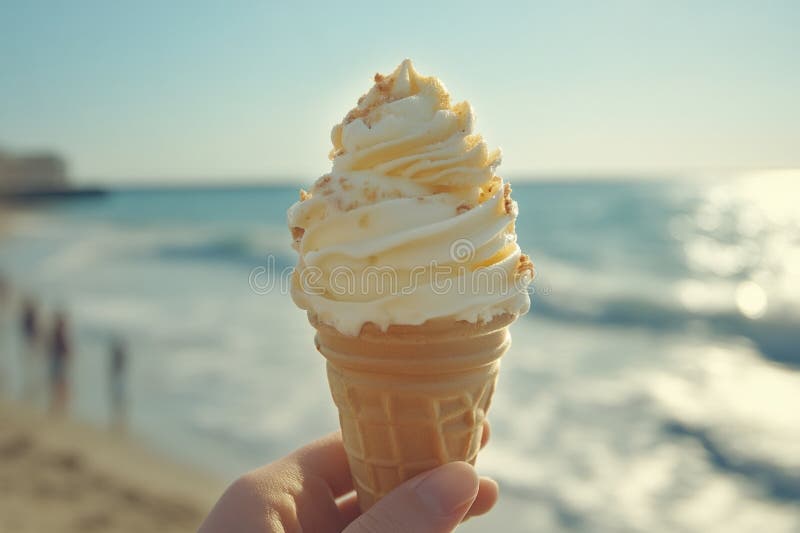 рука держит вкусное мягкое подавать мороженое на пляже стоковое изображение