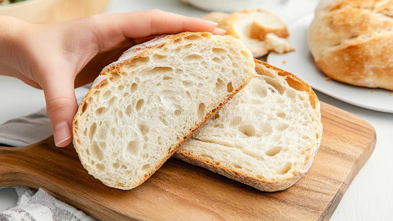 Рука держит вкусный домашний хлеб, нарезанный кислотой. Концепция выпечки иллюстрация штока