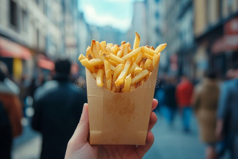 Рука держит вкусный золотистый картофель фри в бумажном конусе с размытой городской улице на заднем плане стоковое изображение rf