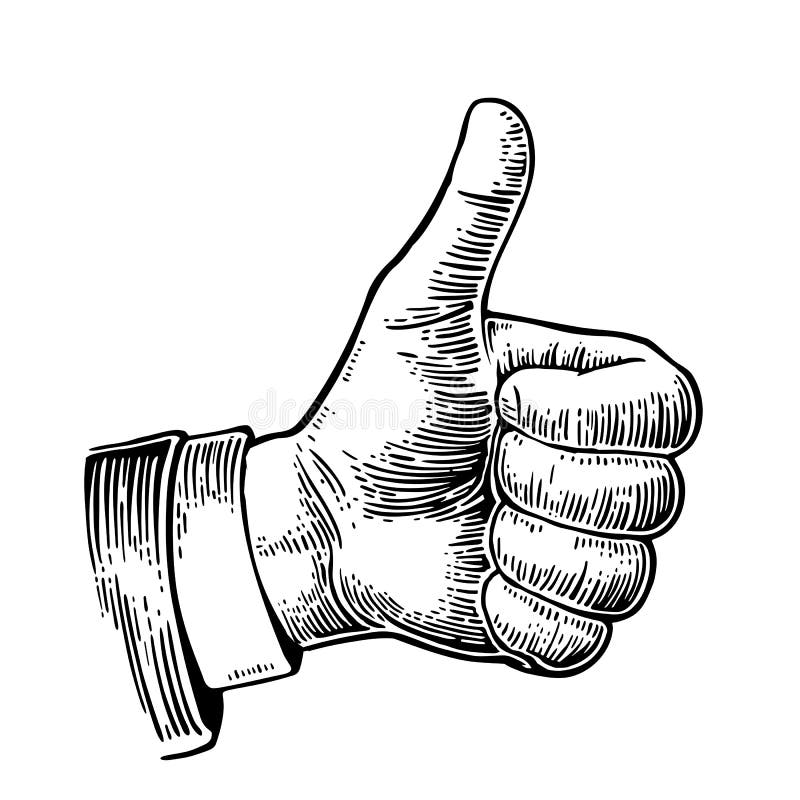 Hand showing symbol Like. Making thumb up gesture. Hand drawn design element. Vector black vintage engraved illustration isolated on a white background. Sign for web, poster, info graphic. Hand showing symbol Like. Making thumb up gesture. Hand drawn design element. Vector black vintage engraved illustration isolated on a white background. Sign for web, poster, info graphic