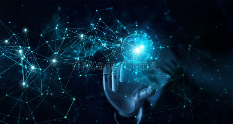 Рука робота касаясь глобальному футуристическому сетевому подключению AI, искусственный интеллект, Рука робота касаясь глобальному футуристическому сетевому подключению AI, искусственный интеллект,
