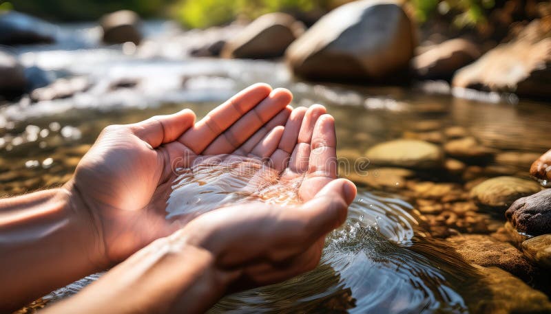 руками чистая вода из естественного ручья, символизирующая чистоту и связь с природой стоковое фото