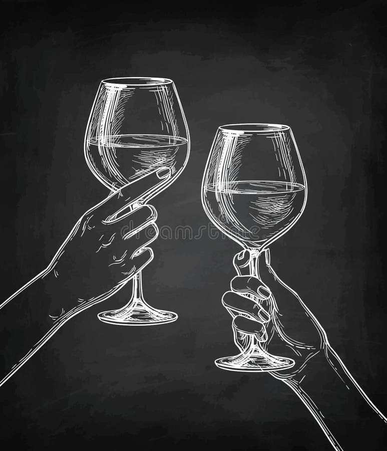 Two hands clinking glasses of wine. Chalk sketch on blackboard background. Hand drawn vector illustration. Retro style. Two hands clinking glasses of wine. Chalk sketch on blackboard background. Hand drawn vector illustration. Retro style.