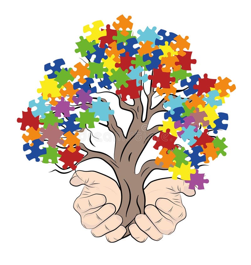 Руки держа дерево с головоломками аутизм r