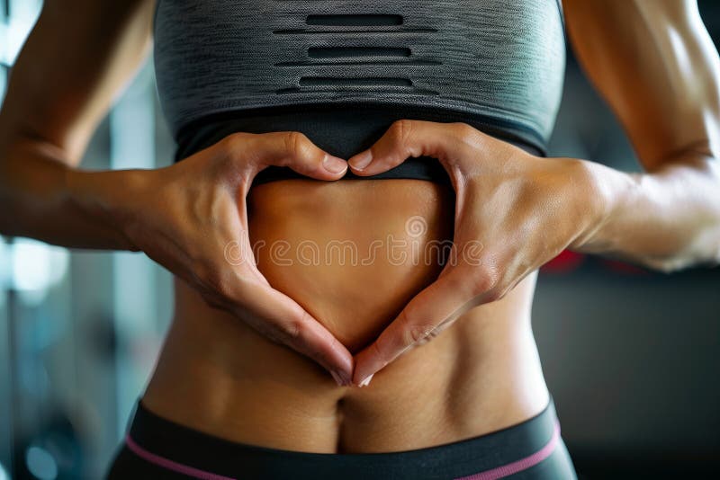 close up of woman hands making heart shape on her stomach, gut health and microbiome. AI generated. close up of woman hands making heart shape on her stomach, gut health and microbiome. AI generated