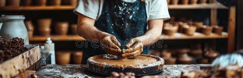 Руки искусно формируют глину на гончарном колесе в студии 'Rustic' с пространством для копирования Ample иллюстрация штока