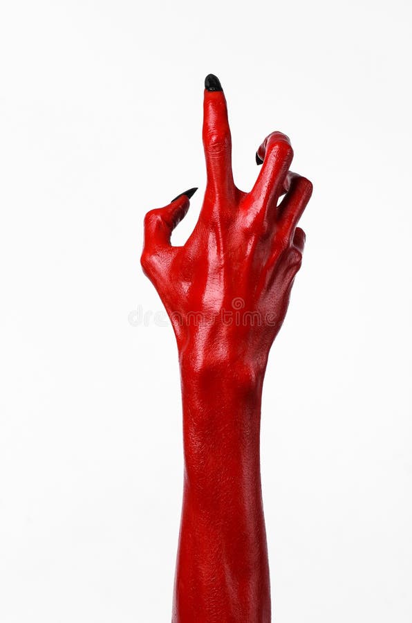 Руки с черными ногтями, красные руки Satan, тема красного дьявола хеллоуина, на белой изолированной предпосылке стоковые изображения rf