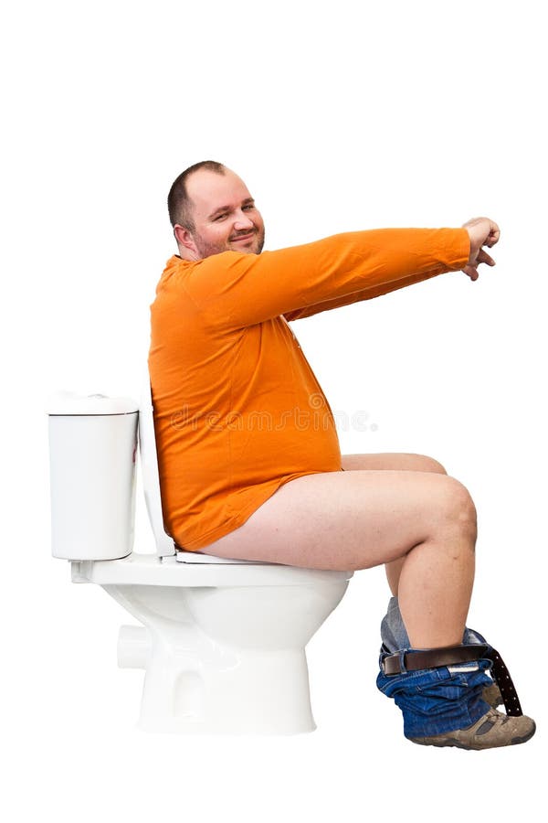 Happy man dressed in orange T-Shirt sitting on toilet with uplifted hands. Happy man dressed in orange T-Shirt sitting on toilet with uplifted hands