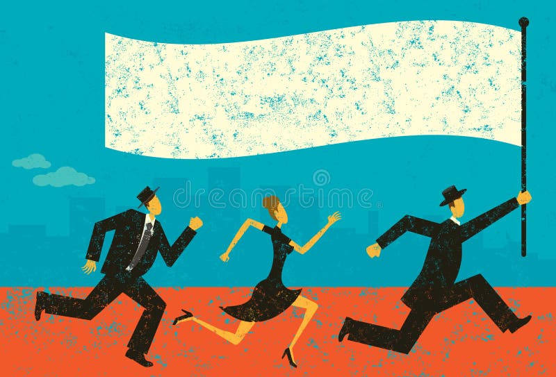 Business people following their leader carrying a flag. The people and background are on separately labeled layers. Business people following their leader carrying a flag. The people and background are on separately labeled layers.