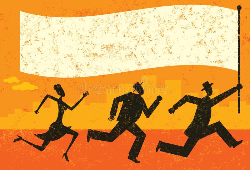 Business people following their leader carrying a flag. The people and background are on separately labeled layers. Business people following their leader carrying a flag. The people and background are on separately labeled layers.