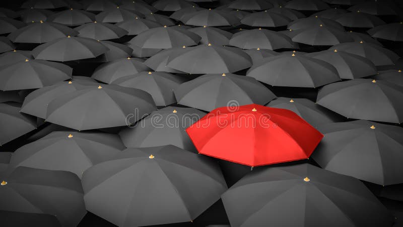 Руководство или концепция различения Красный зонтик и много черных зонтиков вокруг представленная иллюстрация 3d