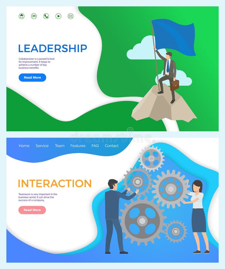 Leadership and interaction between worker and leader vector. Cogwheel and peak of mountain, male with pole and flag achieving new results at work. Website or webpage template landing page in flat. Leadership and interaction between worker and leader vector. Cogwheel and peak of mountain, male with pole and flag achieving new results at work. Website or webpage template landing page in flat