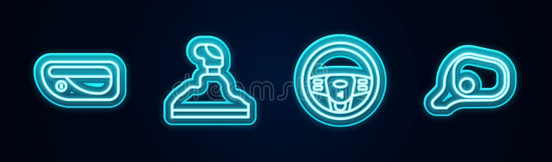 Рукоятка трансмиссии рулевого колеса и зеркала. Неоновый значок. Вектор иллюстрация штока