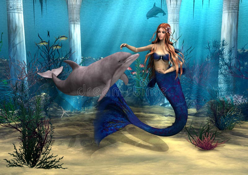 Русалка и дельфин иллюстрация штока. иллюстрации насчитывающей ...