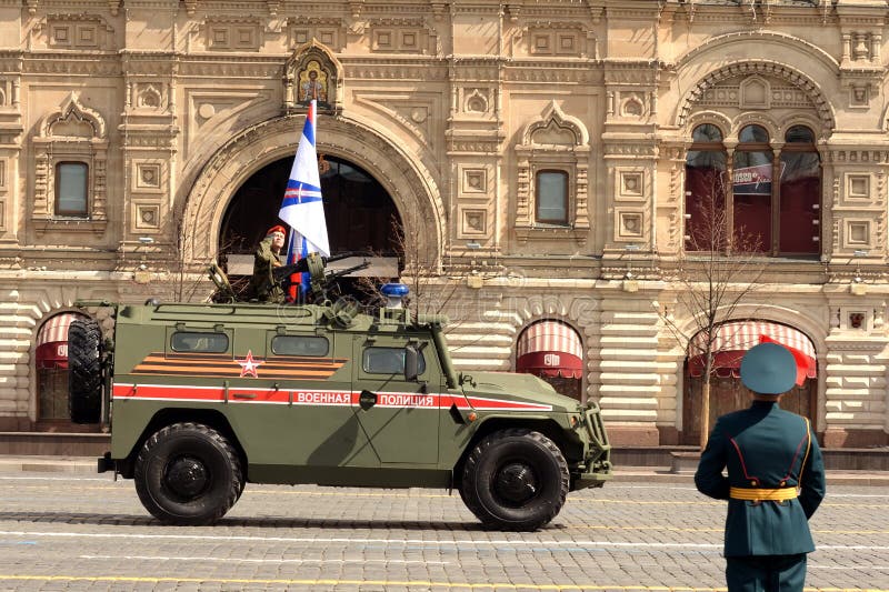 MOSCOW, RUSSIA-MAY 7, 2021:Russian multi-purpose armored car `Tiger-M` of the military police at the dress rehearsal of the Victory Day parade on Moscow`s Red Square. MOSCOW, RUSSIA-MAY 7, 2021:Russian multi-purpose armored car `Tiger-M` of the military police at the dress rehearsal of the Victory Day parade on Moscow`s Red Square