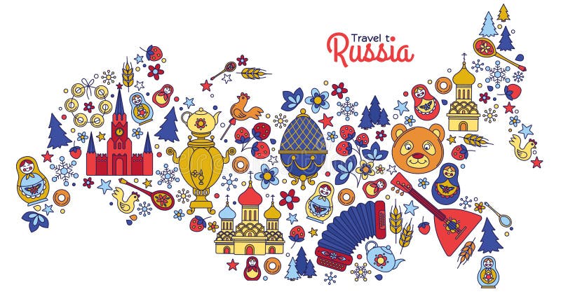 Russian colored icons thin line background Russia map pattern. Vector collection Russian culture signs and symbols, Moscow Kremlin, Cathedral, russian doll, balalaika, samovar, bear. Russian colored icons thin line background Russia map pattern. Vector collection Russian culture signs and symbols, Moscow Kremlin, Cathedral, russian doll, balalaika, samovar, bear
