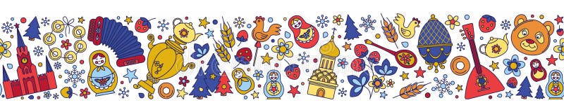 Russia colored icons seamless background border frame pattern. Vector collection Russian culture signs and symbols, Moscow Kremlin, Cathedral, russian doll, balalaika, samovar, bear. Russia colored icons seamless background border frame pattern. Vector collection Russian culture signs and symbols, Moscow Kremlin, Cathedral, russian doll, balalaika, samovar, bear