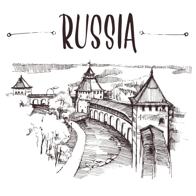 Hand drawn Russian Kremlin, urban sketch style vector illustration isolated on white background. Sketch style drawing of historical Russian Kremlin, building. Hand drawn Russian Kremlin, urban sketch style vector illustration isolated on white background. Sketch style drawing of historical Russian Kremlin, building