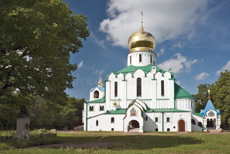 Russian orthodox cathedral with monument on the left. Russian orthodox cathedral with monument on the left