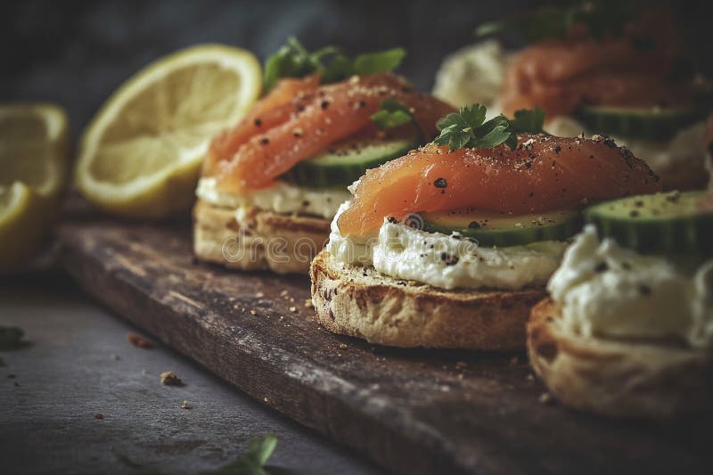 Рустик копченый лосось Bruschetta с кремом сыр стоковые изображения