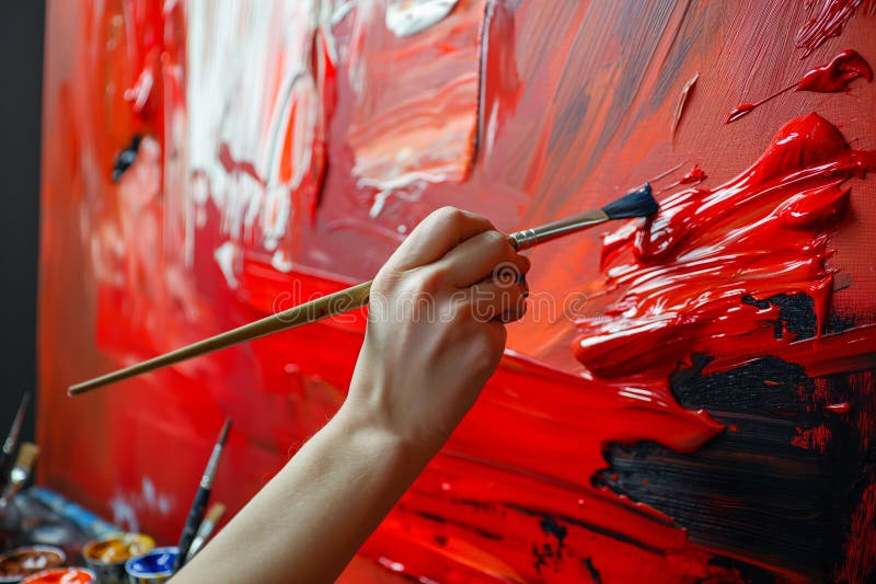 Detailed shot of an artist& x27;s hand using a brush to apply bold red strokes to create an abstract painting AI generated. Detailed shot of an artist& x27;s hand using a brush to apply bold red strokes to create an abstract painting AI generated