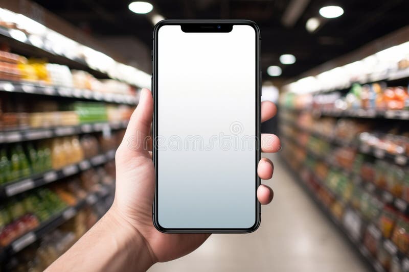 ручной телефон для просмотра продуктов на полках супермаркетов бесплатная иллюстрация