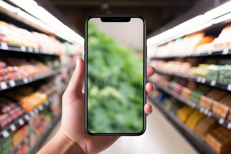 ручной телефон для просмотра продуктов на полках супермаркетов иллюстрация штока