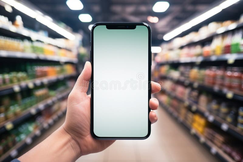 ручной телефон для просмотра продуктов на полках супермаркетов иллюстрация вектора