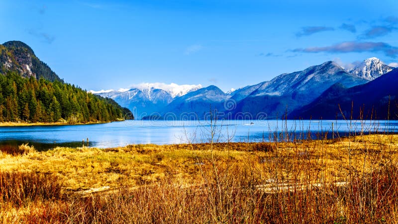 Fishing Boat heading up Pitt Lake with the Snow Capped Peaks of the Golden Ears, Tingle Peak and other Mountain Peaks of the Coast Mountain Range in the Fraser Valley of British Columbia, Canada. Fishing Boat heading up Pitt Lake with the Snow Capped Peaks of the Golden Ears, Tingle Peak and other Mountain Peaks of the Coast Mountain Range in the Fraser Valley of British Columbia, Canada