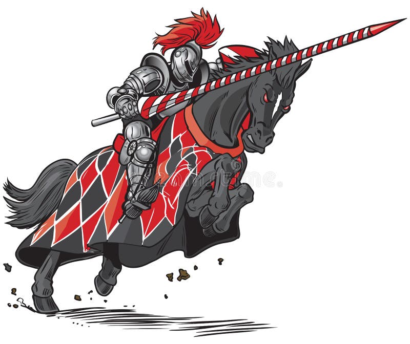 Vector cartoon clip art illustration of an armored knight on a scary black horse with red eyes charging or jousting with a lance and shield. Vector cartoon clip art illustration of an armored knight on a scary black horse with red eyes charging or jousting with a lance and shield.