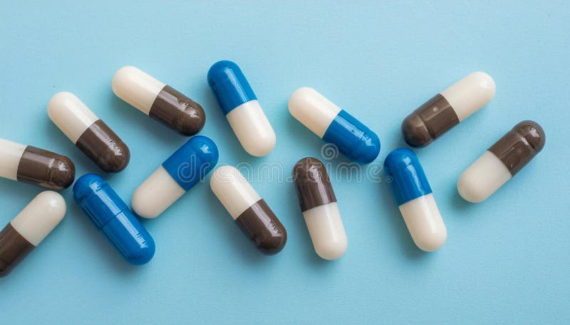 A row of pills on a blue background, AI-generated. A row of pills on a blue background, AI-generated.