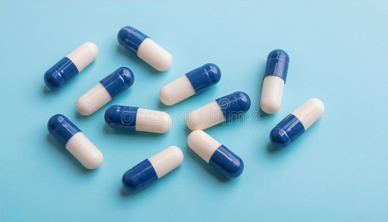 A row of pills on a blue background, AI-generated. A row of pills on a blue background, AI-generated.