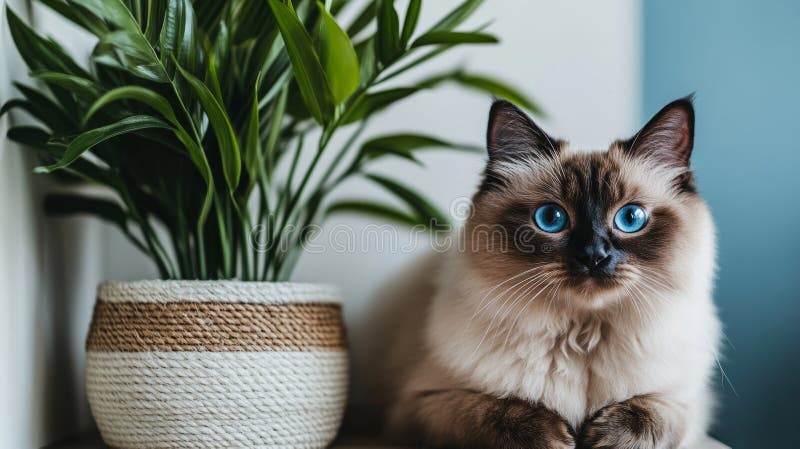 Рядом с белым цилиндром на голубом фоне, который близок к зеленым листьям, сидит белая кошка с пушистым пальто стоковое фото