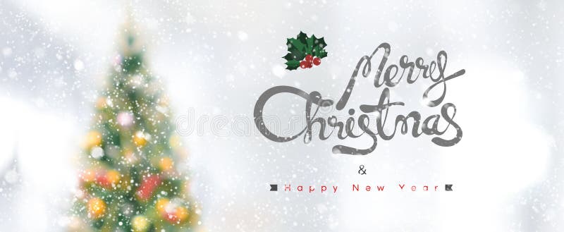 Merry Christmas and Happy New Year text on panoramic banner background with snowfall. Merry Christmas and Happy New Year text on panoramic banner background with snowfall