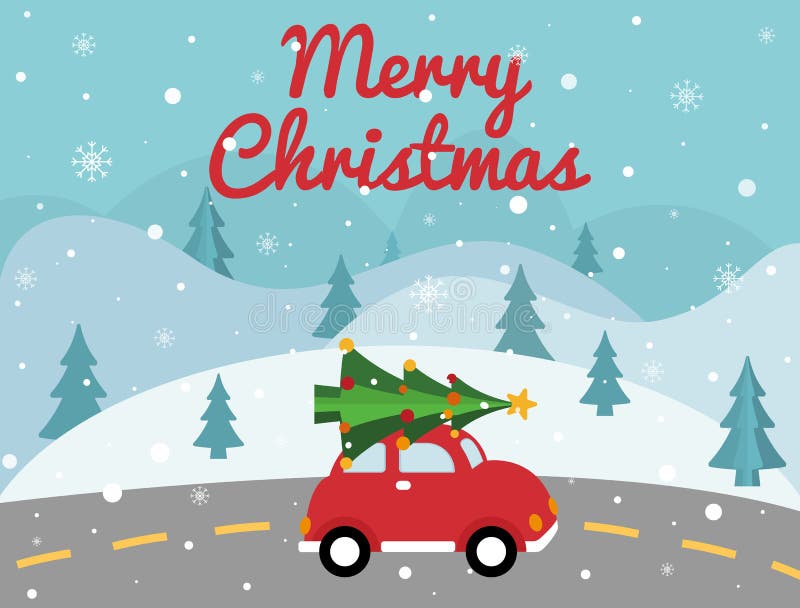 С Рождеством Христовым красный автомобиль с деревом xmas на верхней части Рождественская открытка с ландшафтом зимы, дорога, ретр бесплатная иллюстрация С Рождеством Христовым красный автомобиль с деревом xmas на верхней части Рождественская открытка с ландшафтом зимы, дорога, ретр бесплатная иллюстрация