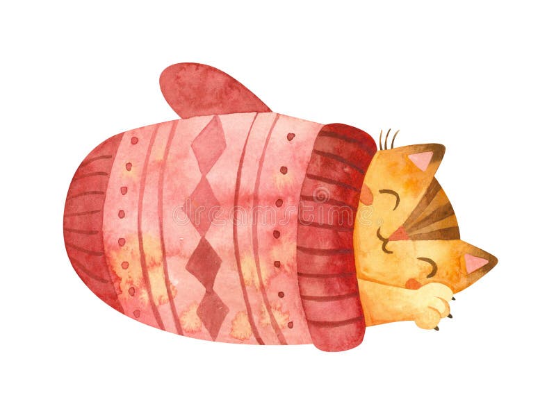 Ð¡at sleeps in a large mitten. Cute kitten Christmas character. Winter postcard.