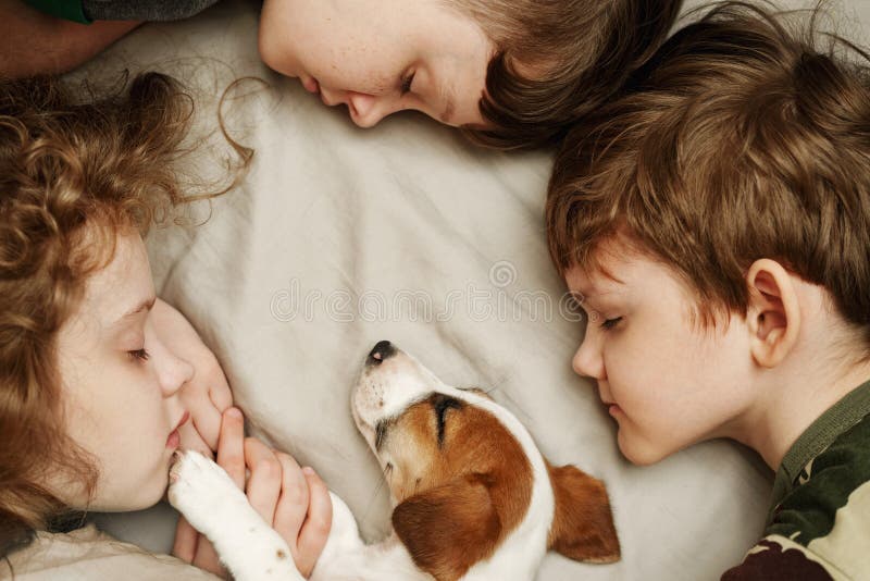 ?hildren die en een puppy leggen koesteren stock foto ?hildren die en een puppy leggen koesteren stock foto
