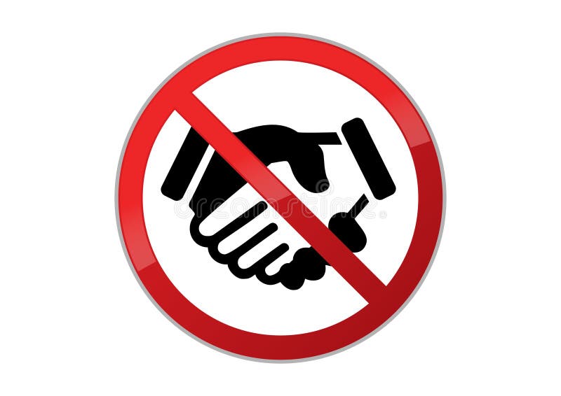 Bright red sign prohibiting handshakes. A STOP or NO sign with a handshake symbol. Ð¡oronavirus COVID-19