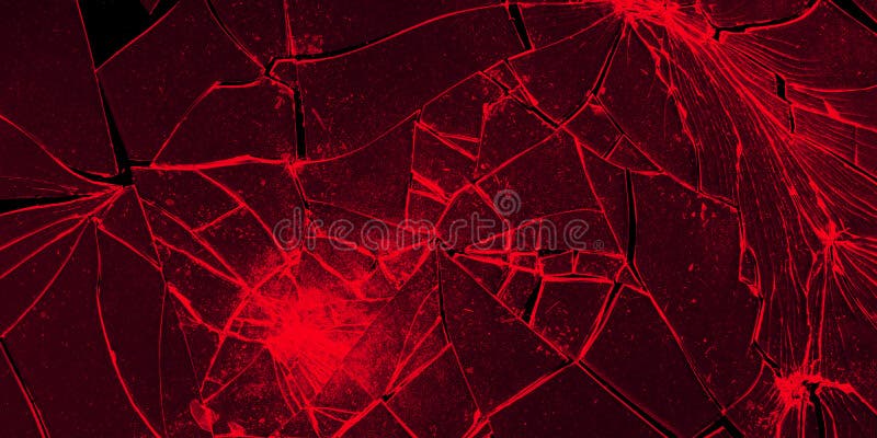 Ð¡racked glass close-up on red background. Texture of broken glass.