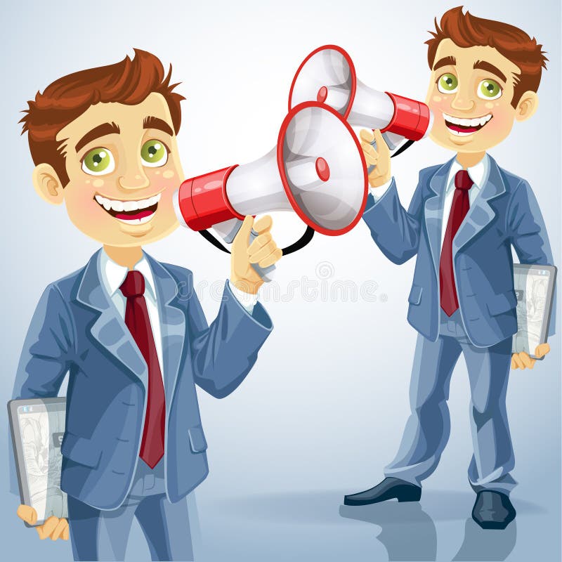 Сute businessman with electronic tablet speaks in megaphone vector illustration