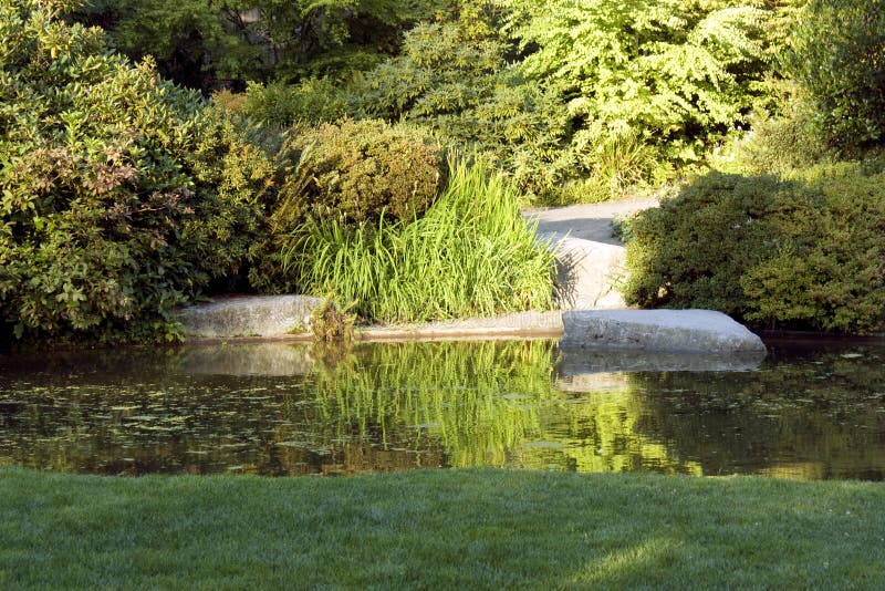 A beautiful garden with nice lawn reaching the bank of the pond. A beautiful garden with nice lawn reaching the bank of the pond.