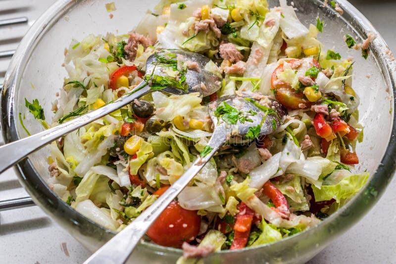 Салат мяса тунца с ложкой 2 готовой для того чтобы смешать в стеклянном шаре стоковые фотографии rf Салат мяса тунца с ложкой 2 готовой для того чтобы смешать в стеклянном шаре стоковые фотографии rf