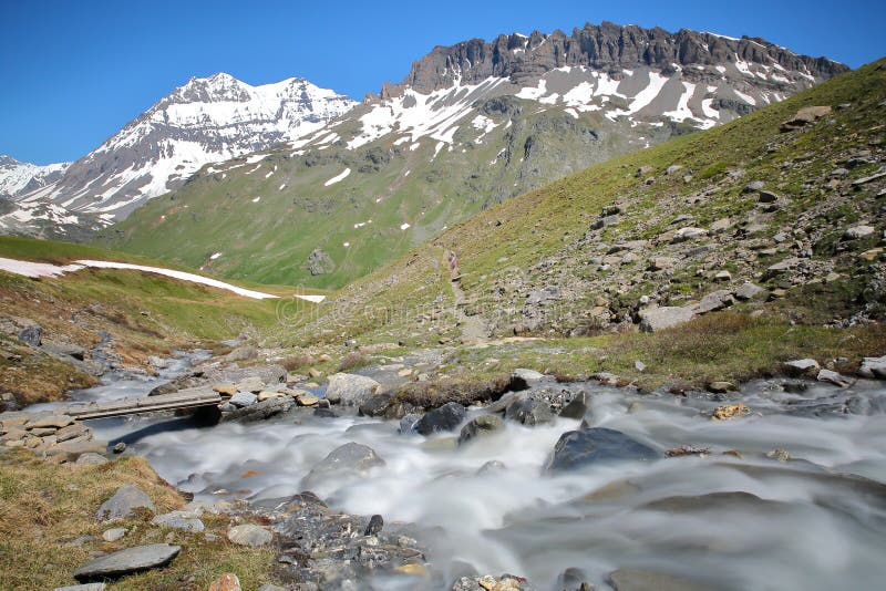 Grande Casse and Pierre Brune from the torrent Fontabert, Vanoise National Park, Northern Alps, Savoie. Grande Casse and Pierre Brune from the torrent Fontabert, Vanoise National Park, Northern Alps, Savoie