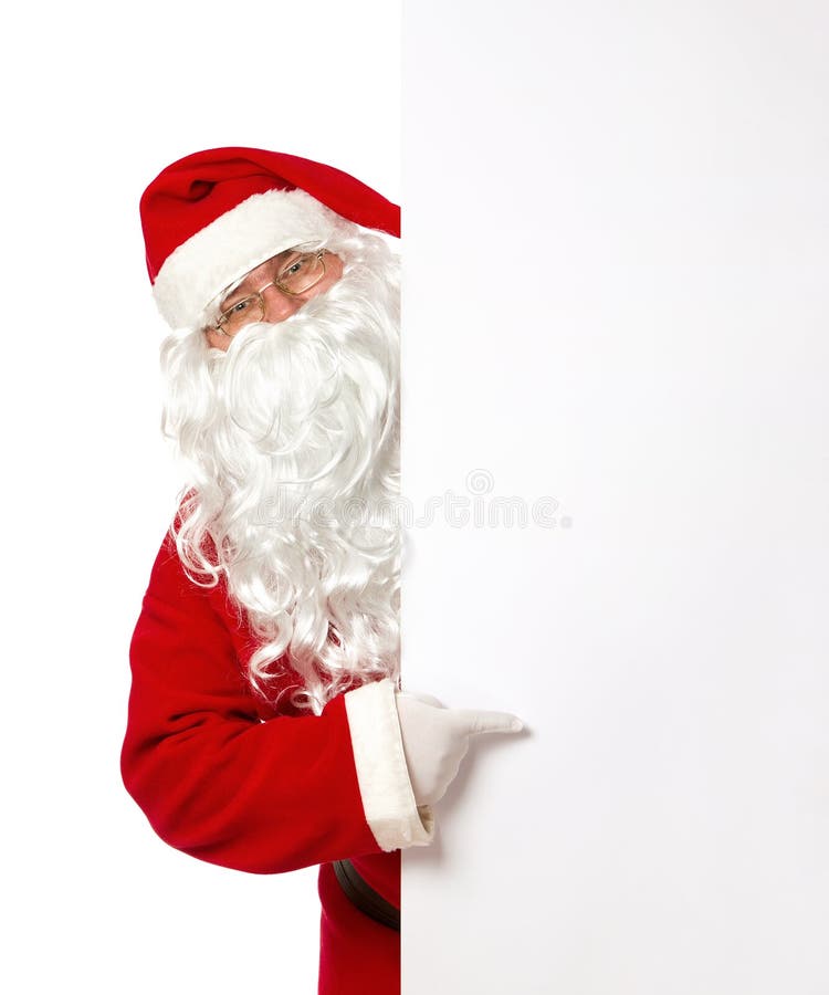 Cheerful Santa Claus pointing on a blank advertisement banner isolated on white background. Cheerful Santa Claus pointing on a blank advertisement banner isolated on white background