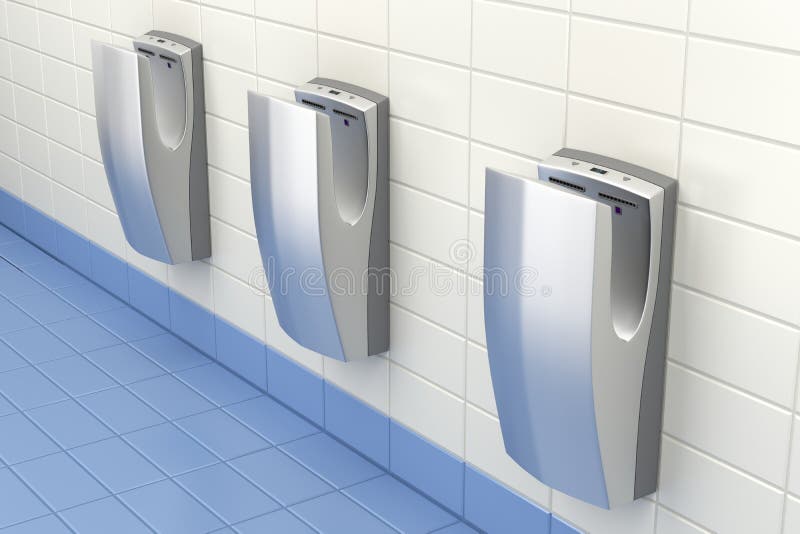 Vertical high speed hand dryers in public washroom. Vertical high speed hand dryers in public washroom