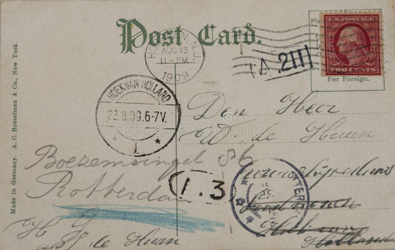 THE NETHERLANDS-CIRCA 1909: Vintage postcard with red two cent stamp and postmarked Hoboken in 1909. Address in Rotterdam, the Netherlands. THE NETHERLANDS-CIRCA 1909: Vintage postcard with red two cent stamp and postmarked Hoboken in 1909. Address in Rotterdam, the Netherlands